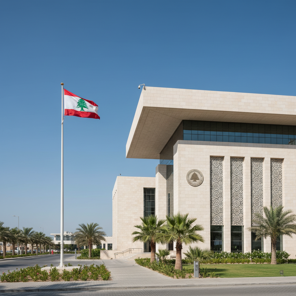 Lebanese Embassy building in Kuwait with modern diplomatic architecture and Lebanese flag